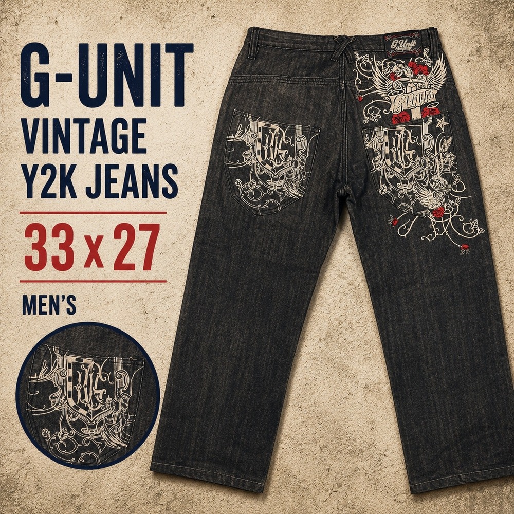 G-Unit Vintage Y2K Baggy Embroidered Jeans Gray 33x27 50 Cent Streetwear Skater